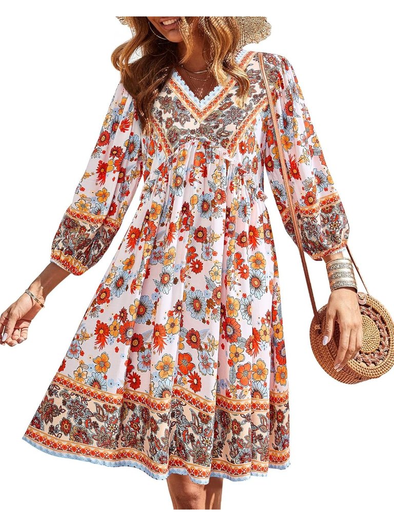 Women's Floral White Red 3/4 Long Sleeve V Neck Casual Mini Short Dress